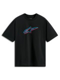 Alpinestars Alter Oversized CSF Tee, Short Sleeve T-Shirt, Black, Front Astars Logo with Pink and Blue Color Off-set, Casual Motorsport Streetwear