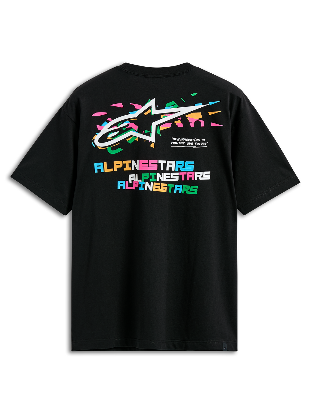 Alpinestars Wild Oversized CSF Tee, t-shirt à manches courtes, noir, vue de dos avec logo Astars multicolore vibrant et lettrage Alpinestars en blocs superposés, streetwear décontracté
