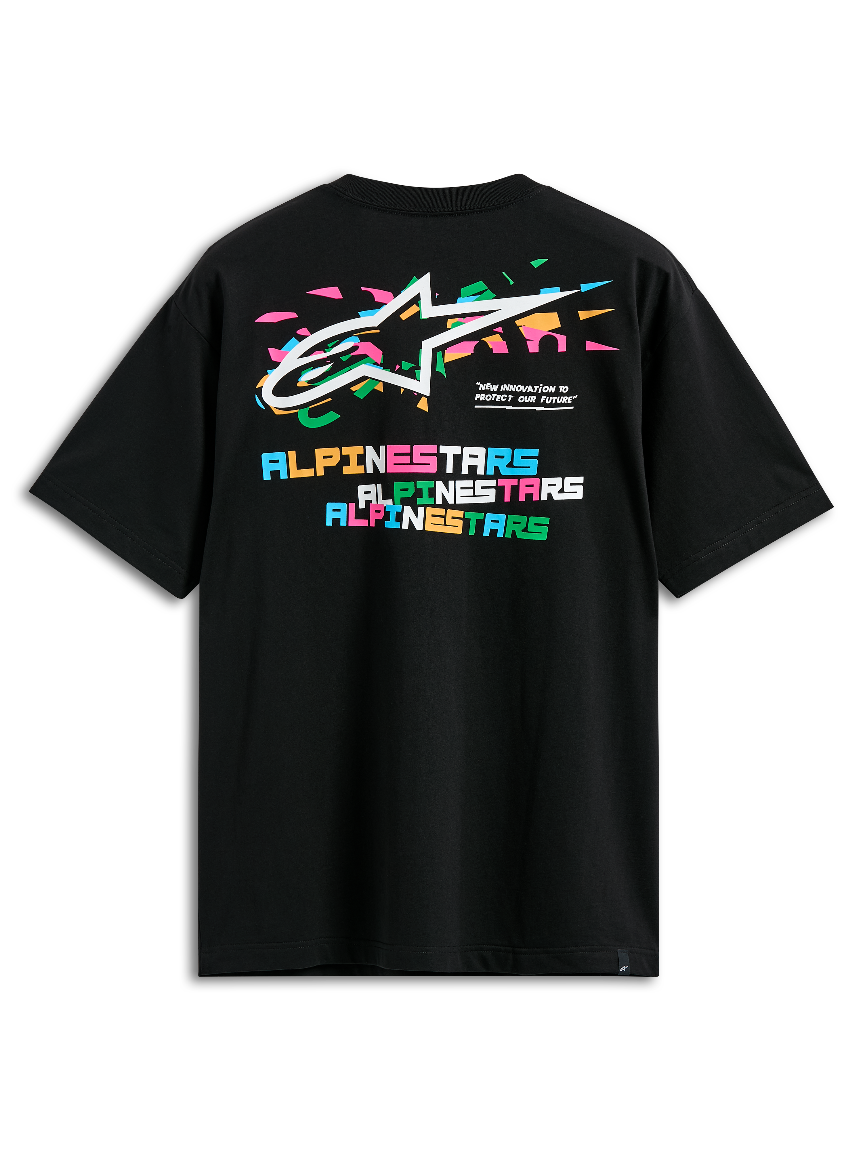 Alpinestars Wild Oversized CSF Tee, t-shirt à manches courtes, noir, vue de dos avec logo Astars multicolore vibrant et lettrage Alpinestars en blocs superposés, streetwear décontracté