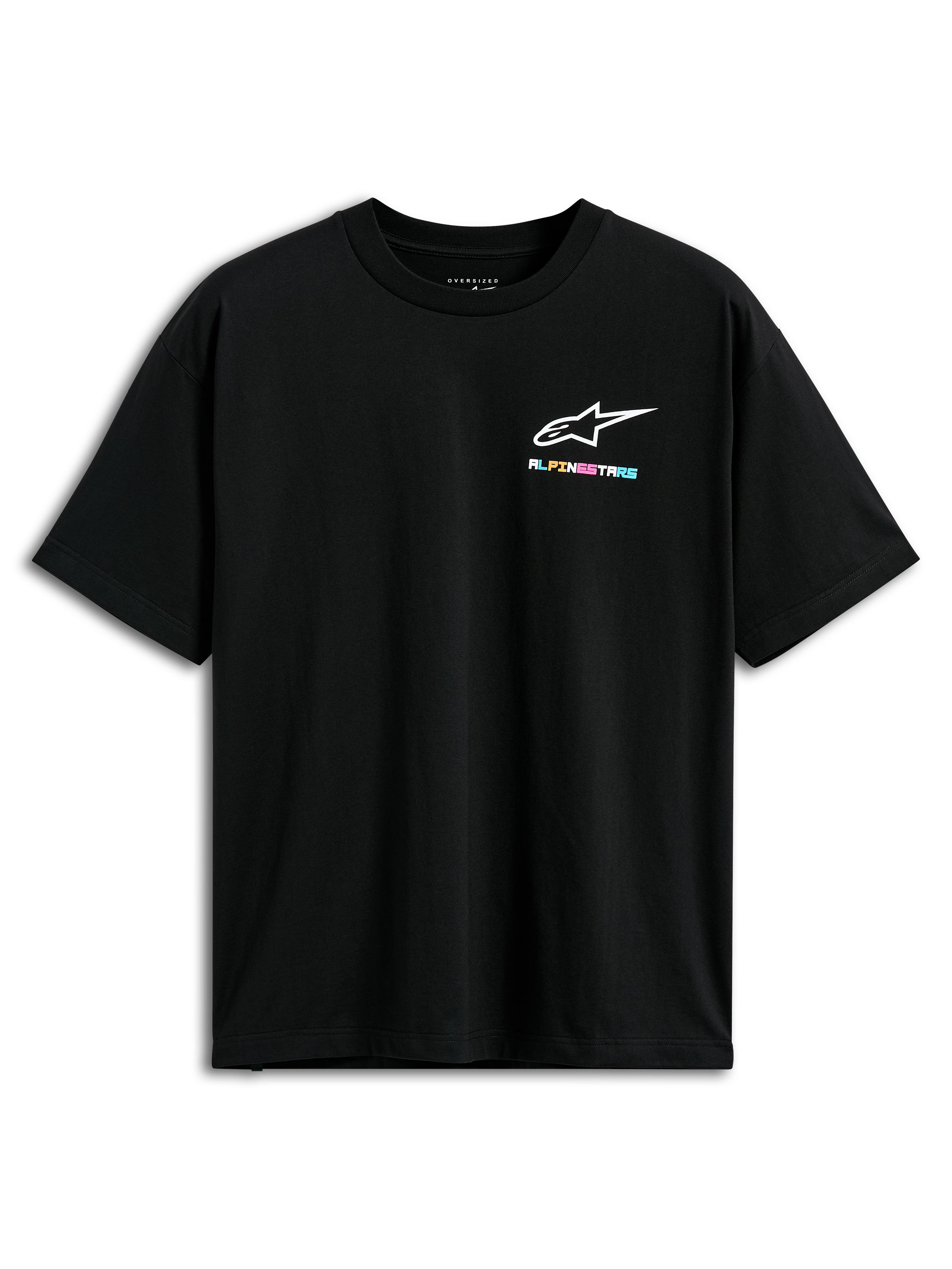 Alpinestars Wild Oversized CSF Tee, T-shirt à manches courtes, noir, avec un petit logo Alpinestars multicolore vibrant sur la poitrine, coupe surdimensionnée, style streetwear décontracté