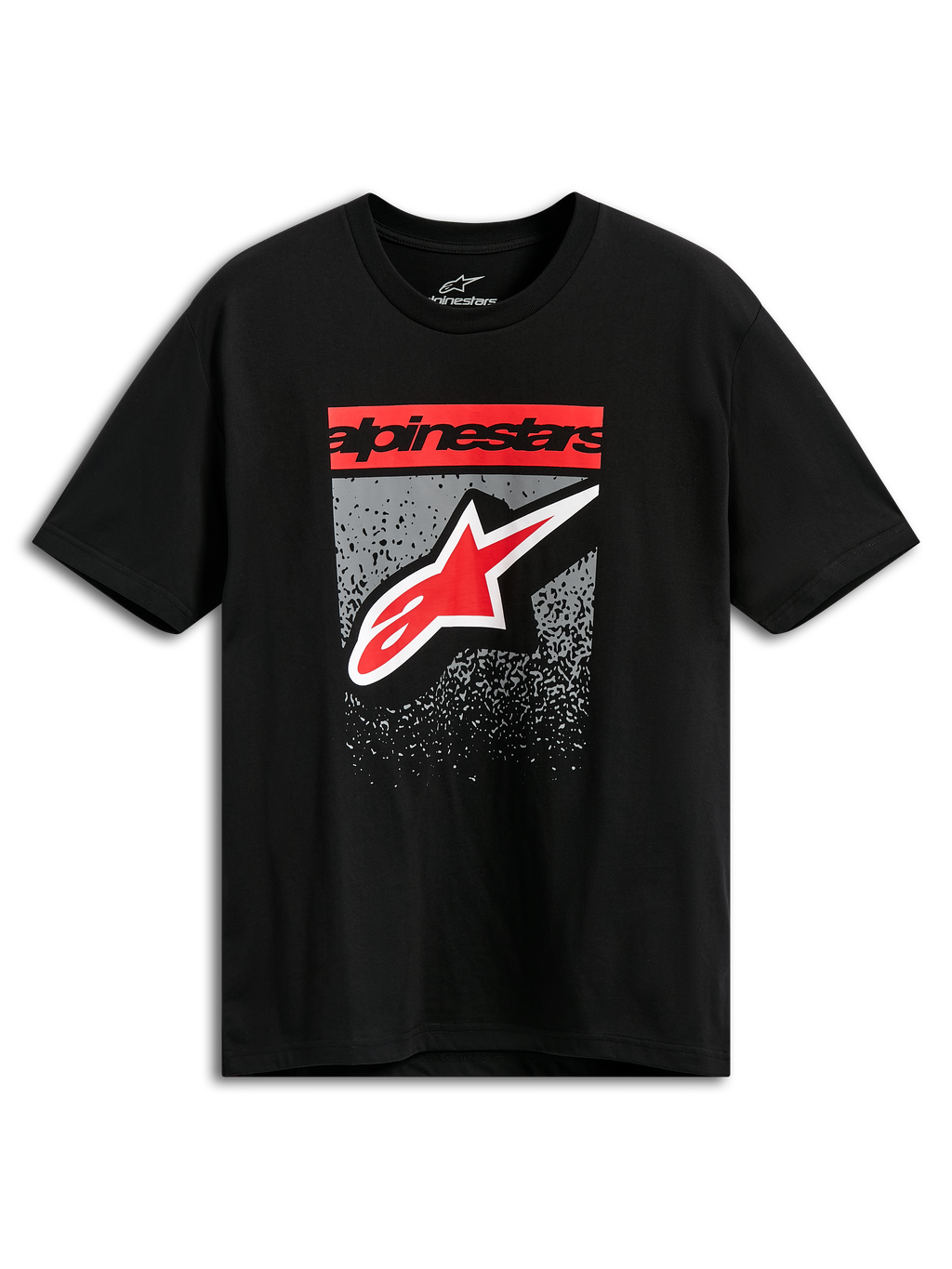 T-shirt Alpinestars Noka CSF, t-shirt à manches courtes, noir, texte Alpinestars et logo Star rouges avec graphisme dégradé MX gris, streetwear décontracté inspiré du sport automobile