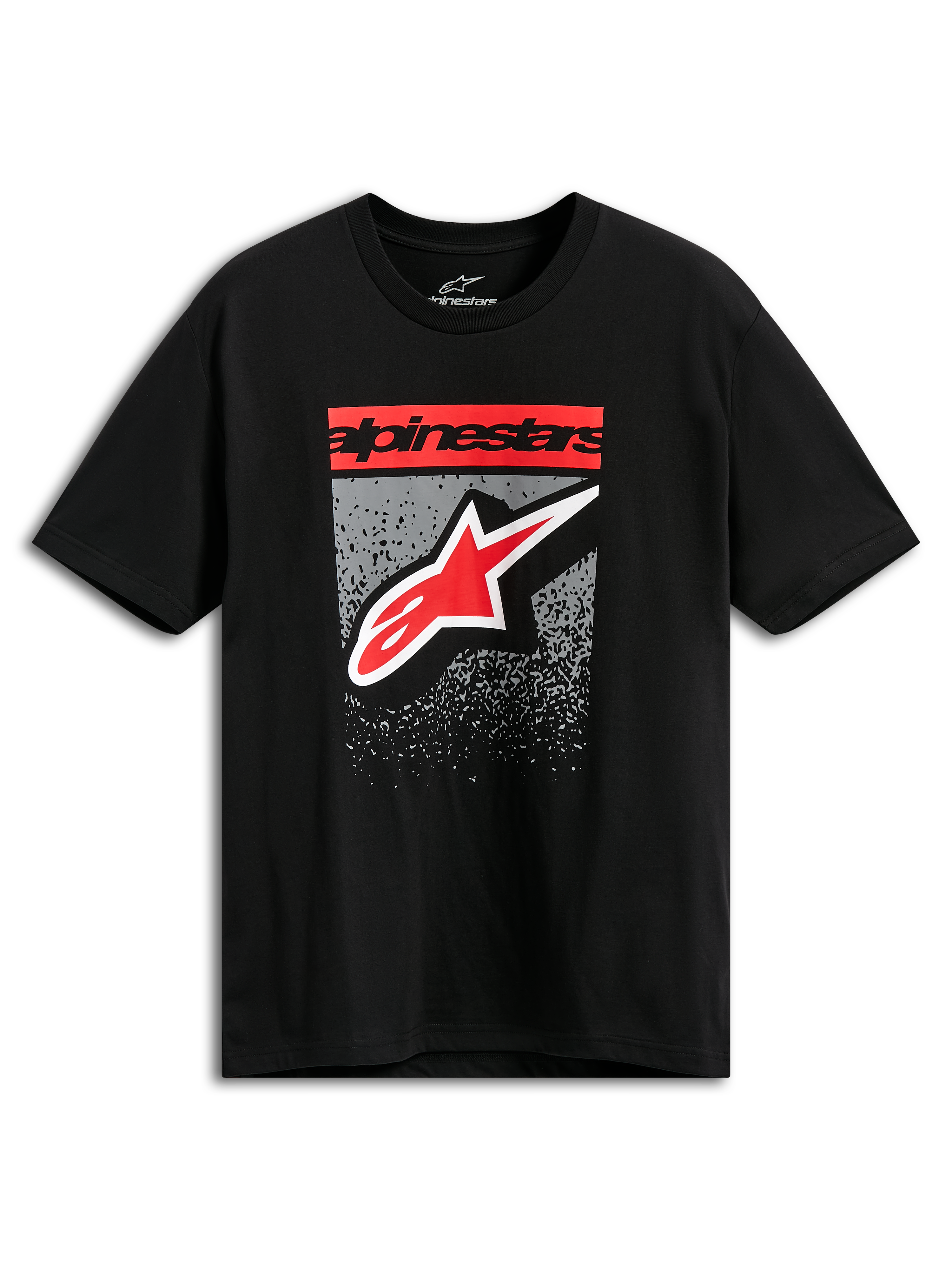 T-shirt Alpinestars Noka CSF, t-shirt à manches courtes, noir, texte Alpinestars et logo Star rouges avec graphisme dégradé MX gris, streetwear décontracté inspiré du sport automobile