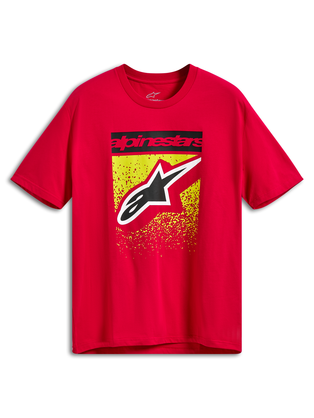 T-shirt Alpinestars Noka CSF, t-shirt à manches courtes, rouge, motif frontal avec barre de texte Alpinestars noire et grand logo Astars sur dégradé d'éclaboussures MX jaune et rouge, sportswear décontracté