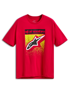 T-shirt Alpinestars Noka CSF, t-shirt à manches courtes, rouge, motif frontal avec barre de texte Alpinestars noire et grand logo Astars sur dégradé d'éclaboussures MX jaune et rouge, sportswear décontracté