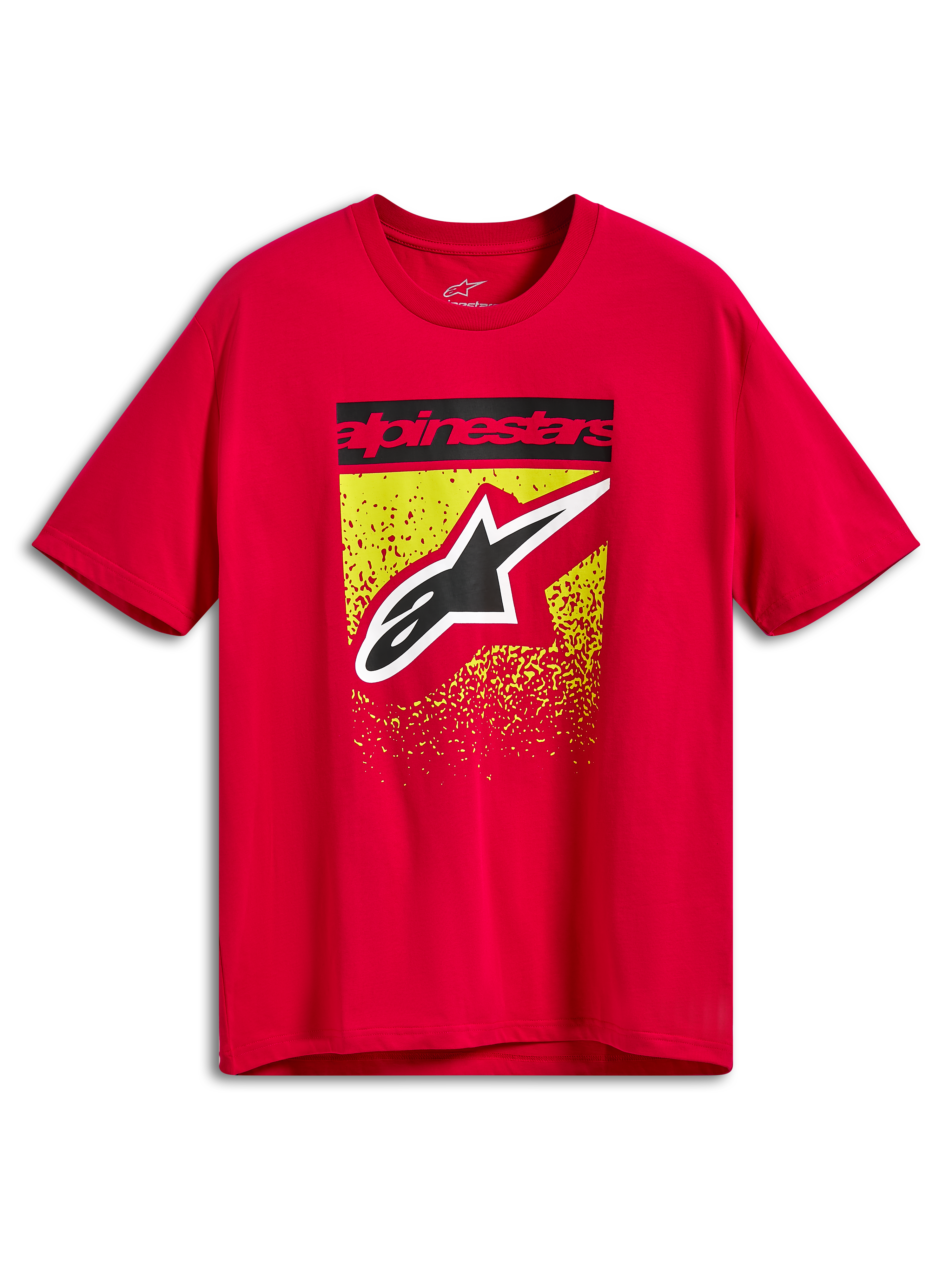 T-shirt Alpinestars Noka CSF, t-shirt à manches courtes, rouge, motif frontal avec barre de texte Alpinestars noire et grand logo Astars sur dégradé d'éclaboussures MX jaune et rouge, sportswear décontracté