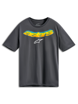 T-shirt Alpinestars Ellipsoid CSF, t-shirt à manches courtes, gris anthracite, mot Astars incurvé à l'avant avec dégradé orange et jaune et détails en demi-teinte bleus, logo Alpinestars blanc, sportswear décontracté