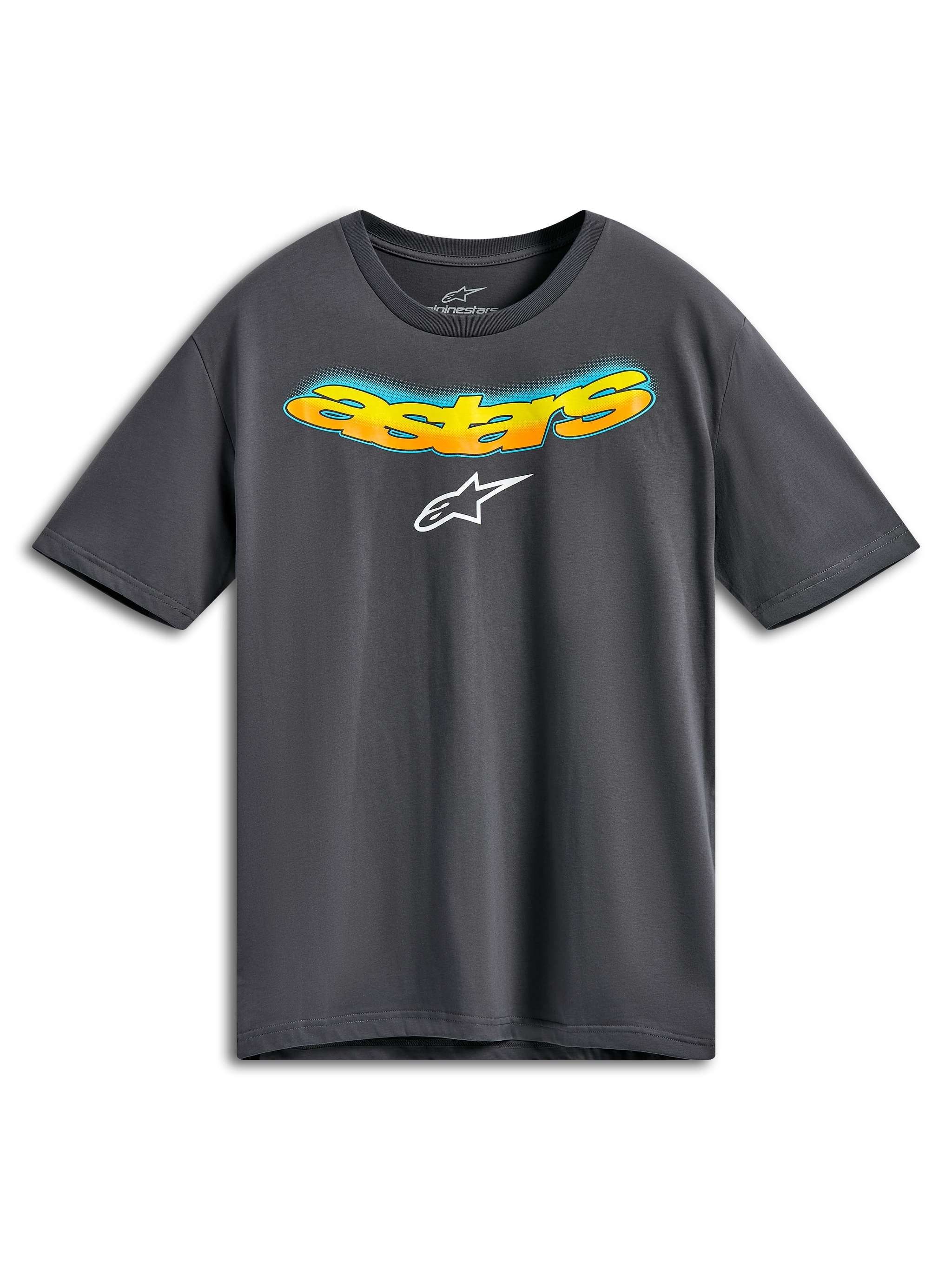 T-shirt Alpinestars Ellipsoid CSF, t-shirt à manches courtes, gris anthracite, mot Astars incurvé à l'avant avec dégradé orange et jaune et détails en demi-teinte bleus, logo Alpinestars blanc, sportswear décontracté