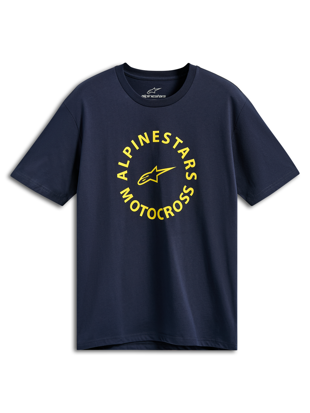 Alpinestars MX CSF Tee, t-shirt à manches courtes, bleu marine, graphique circulaire Alpinestars Motocross jaune, style sportswear décontracté