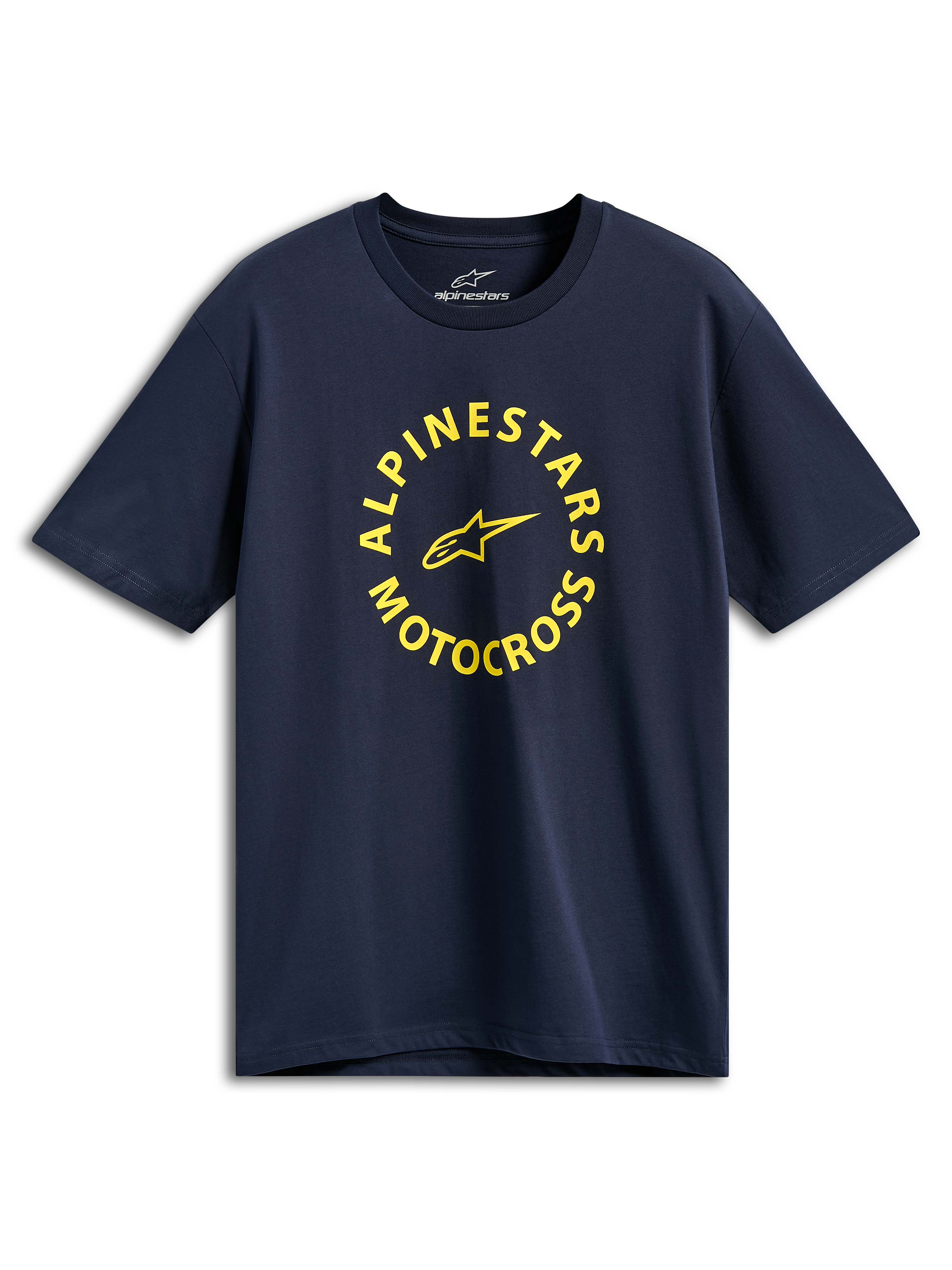 Alpinestars MX CSF Tee, t-shirt à manches courtes, bleu marine, graphique circulaire Alpinestars Motocross jaune, style sportswear décontracté