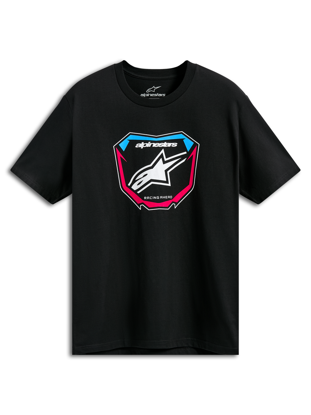 T-shirt Alpinestars Plate CSF, t-shirt à manches courtes, noir, graphique de plaque MX à l'avant avec logo étoile blanc et accents bleus et roses, vêtement sportswear décontracté motorsport