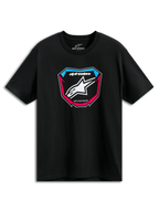 T-shirt Alpinestars Plate CSF, t-shirt à manches courtes, noir, graphique de plaque MX à l'avant avec logo étoile blanc et accents bleus et roses, vêtement sportswear décontracté motorsport