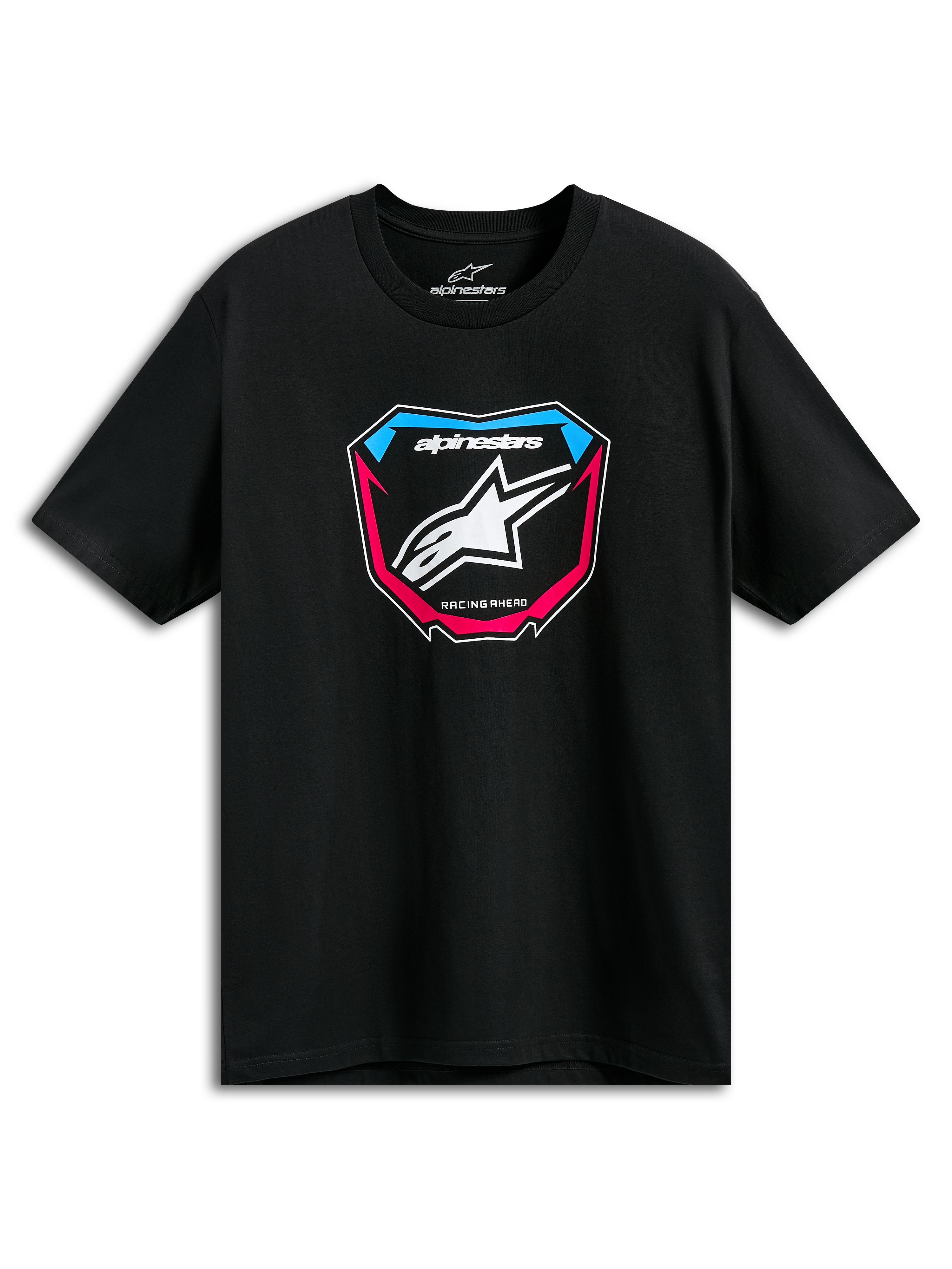 T-shirt Alpinestars Plate CSF, t-shirt à manches courtes, noir, graphique de plaque MX à l'avant avec logo étoile blanc et accents bleus et roses, vêtement sportswear décontracté motorsport