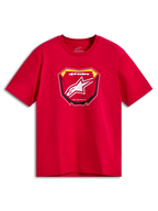 Alpinestars Plate CSF Tee, Short Sleeve T-Shirt, Red, Front MX Plate Graphic with White Astars Logo and Racing Ahead Text, Casual Motorsport Sportswear