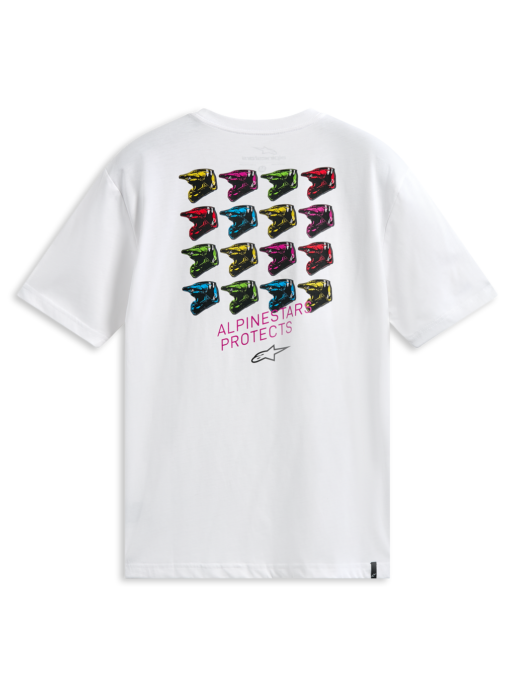 T-shirt Alpinestars Pop Helmet CSF, à manches courtes, blanc, vue de dos présentant une grille de casques M10 multicolores et l'inscription ALPINESTARS PROTECTS, streetwear décontracté inspiré du sport automobile