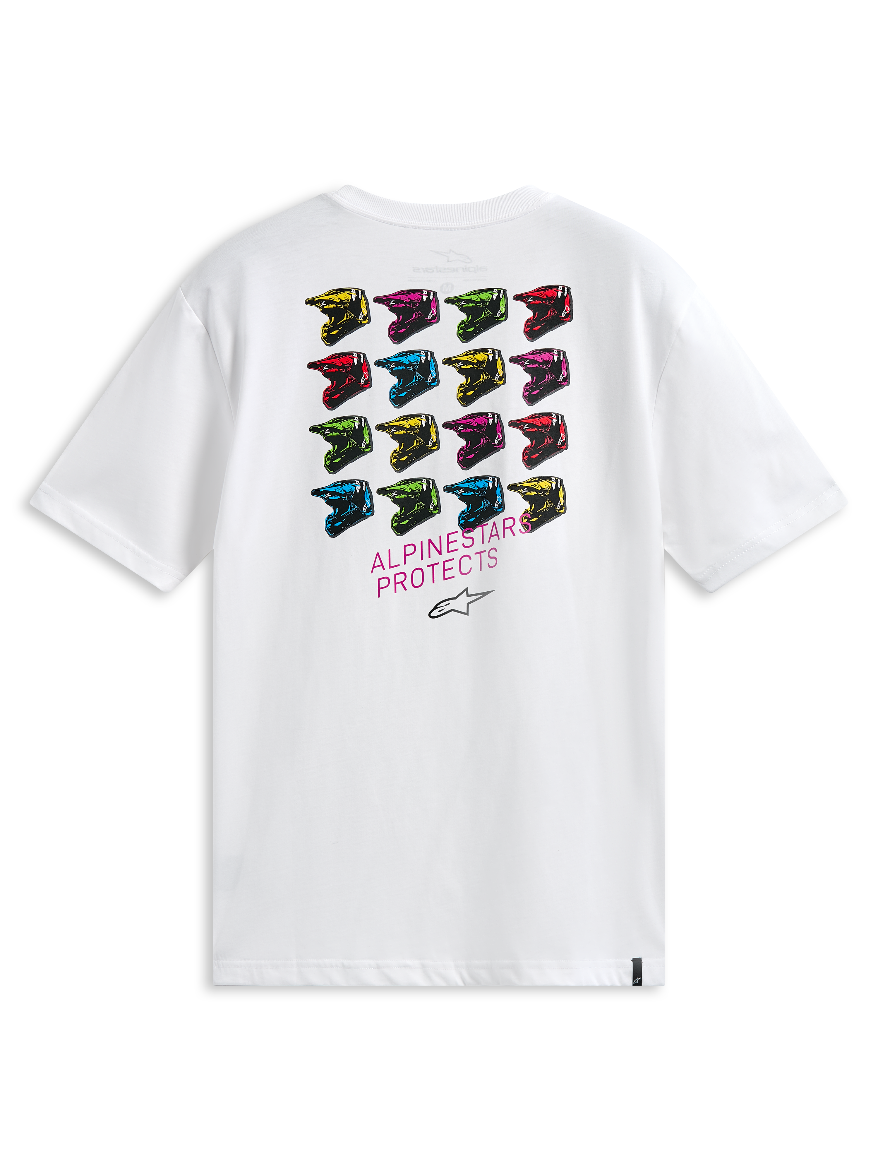 T-shirt Alpinestars Pop Helmet CSF, à manches courtes, blanc, vue de dos présentant une grille de casques M10 multicolores et l'inscription ALPINESTARS PROTECTS, streetwear décontracté inspiré du sport automobile