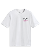 Alpinestars Pop Helmet CSF Tee, t-shirt à manches courtes, blanc, arborant le logo Astars à l'avant et un graphisme coloré du casque M10 au dos, vêtement sportswear décontracté motorsport