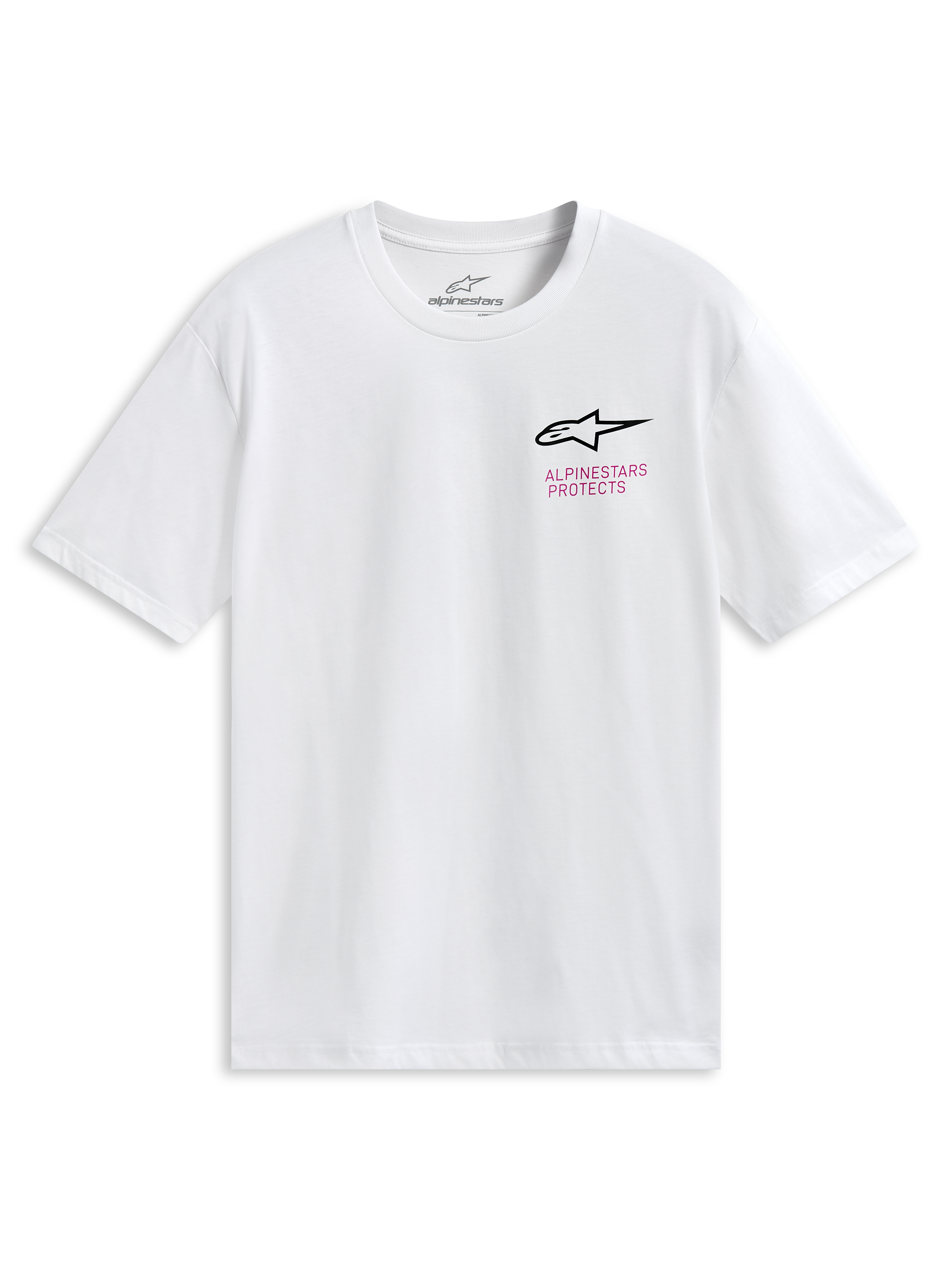 Alpinestars Pop Helmet CSF Tee, t-shirt à manches courtes, blanc, arborant le logo Astars à l'avant et un graphisme coloré du casque M10 au dos, vêtement sportswear décontracté motorsport