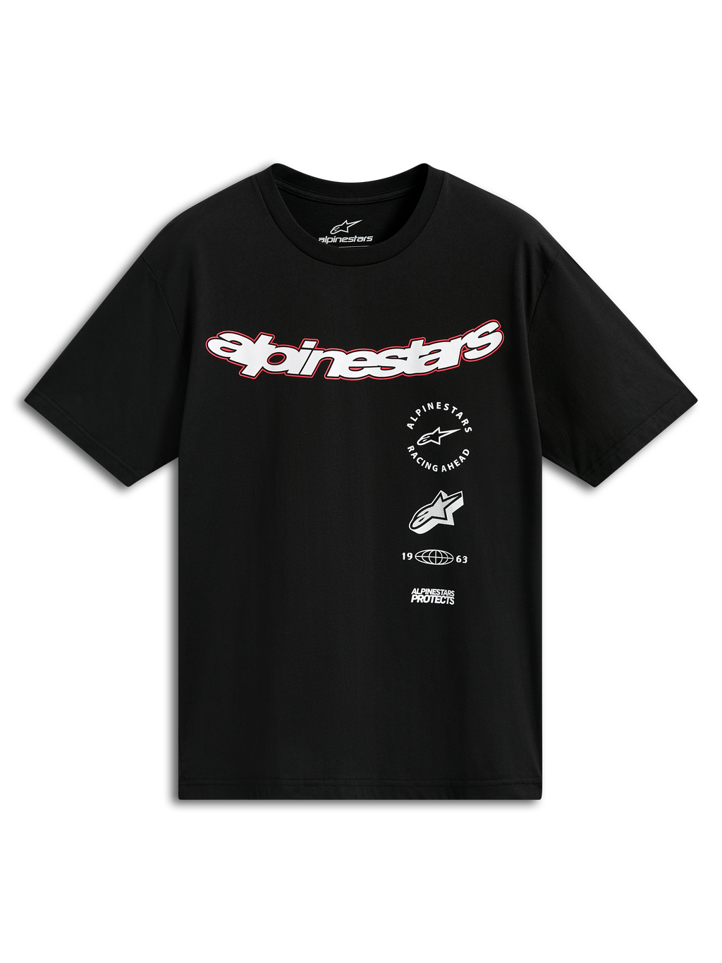 Alpinestars Abus CSF Tee, t-shirt à manches courtes, noir, logo Alpinestars blanc incurvé avec contour rouge, graphismes superposés incluant Racing Ahead et 1963, streetwear décontracté inspiré du sport automobile