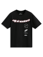 Alpinestars Abus CSF Tee, t-shirt à manches courtes, noir, logo Alpinestars blanc incurvé avec contour rouge, graphismes superposés incluant Racing Ahead et 1963, streetwear décontracté inspiré du sport automobile