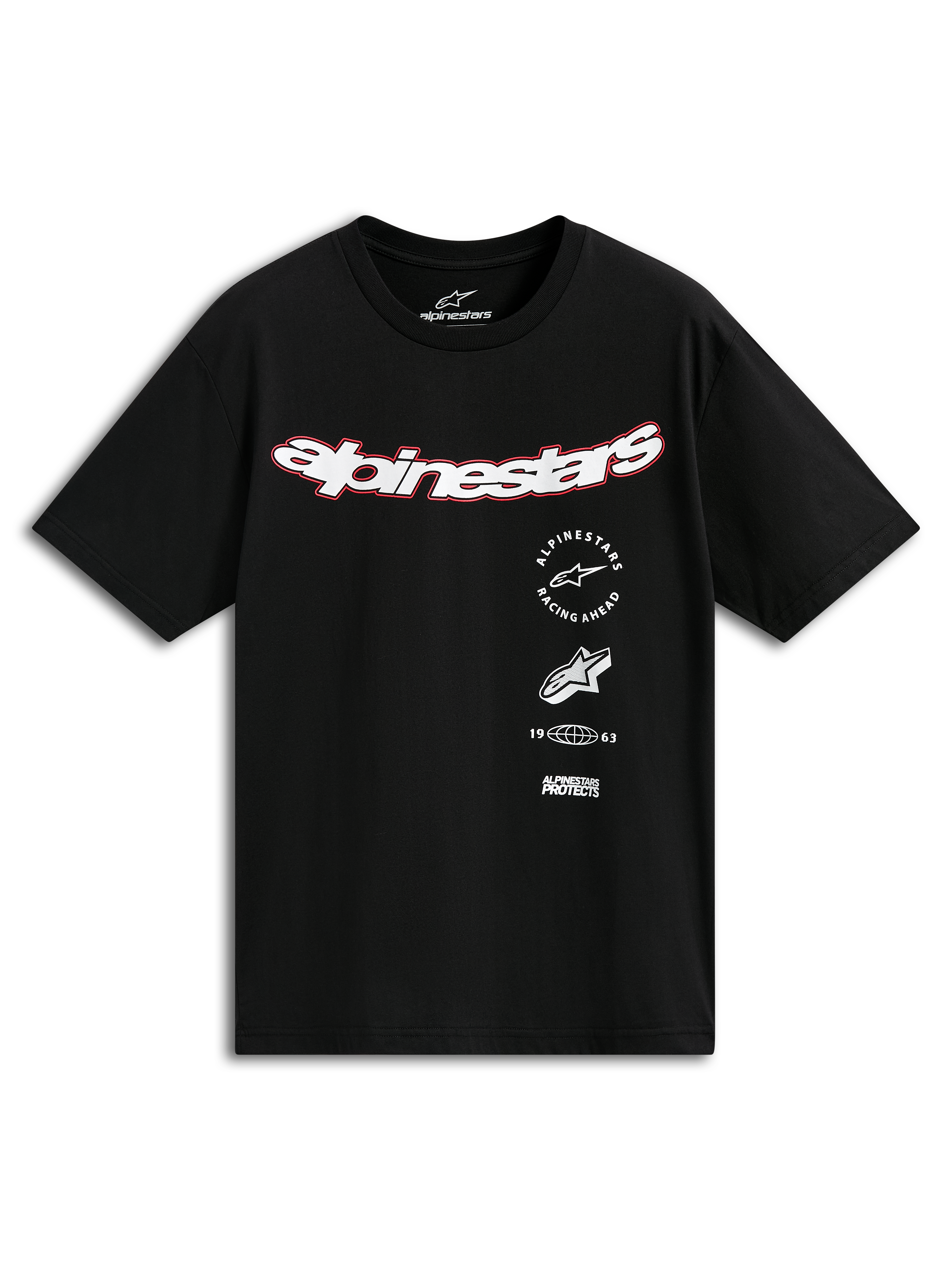 Alpinestars Abus CSF Tee, t-shirt à manches courtes, noir, logo Alpinestars blanc incurvé avec contour rouge, graphismes superposés incluant Racing Ahead et 1963, streetwear décontracté inspiré du sport automobile