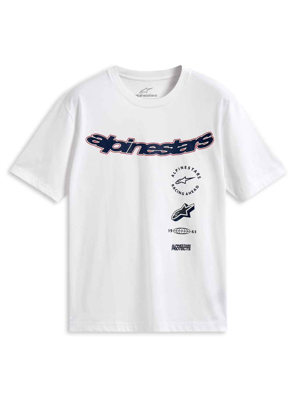 Alpinestars Abus CSF Tee, t-shirt à manches courtes, blanc, logo Alpinestars incurvé bleu marine avec contour rouge, graphismes multiples empilés sur le devant, streetwear décontracté inspiré du sport automobile