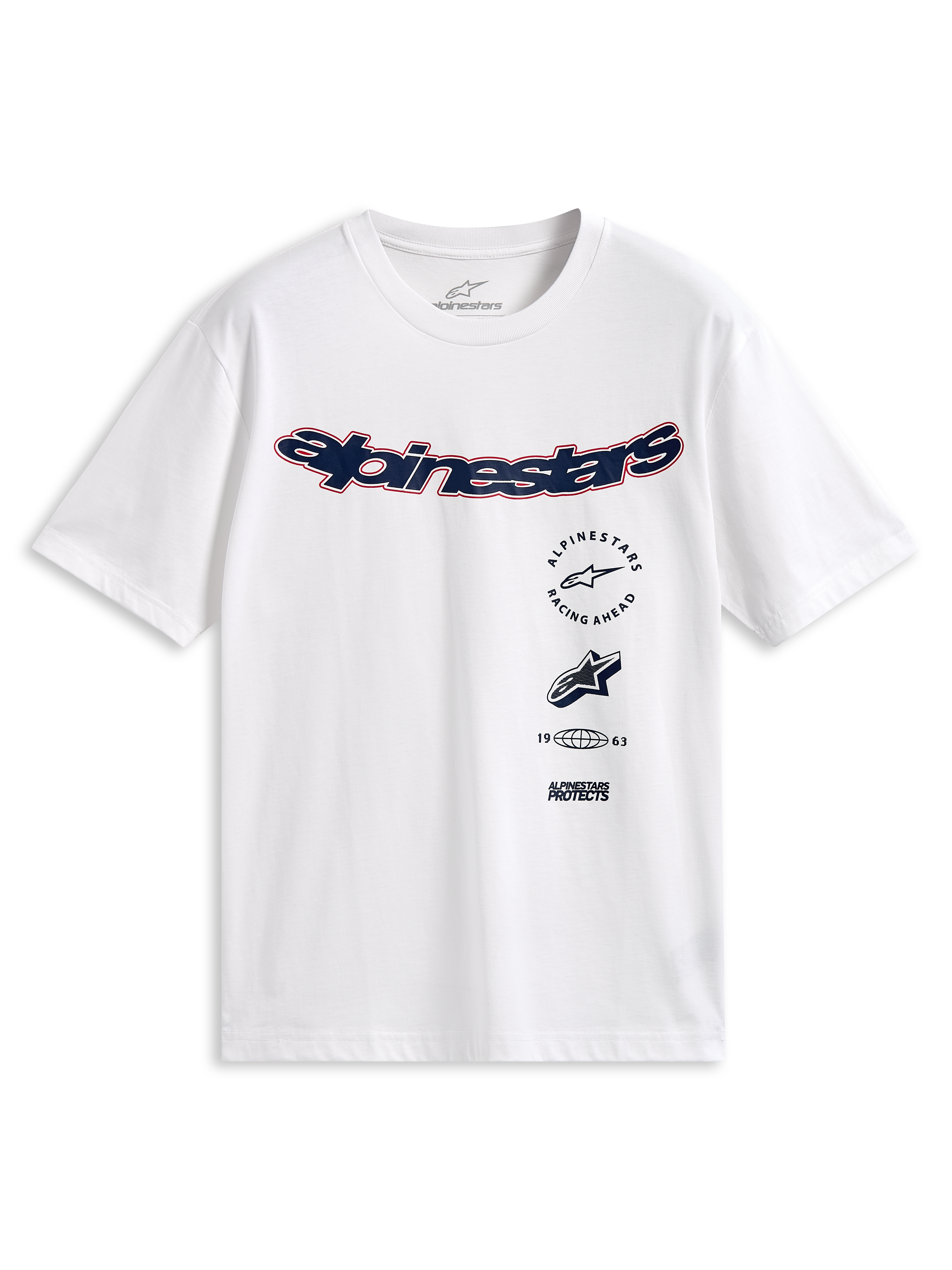Alpinestars Abus CSF Tee, t-shirt à manches courtes, blanc, logo Alpinestars incurvé bleu marine avec contour rouge, graphismes multiples empilés sur le devant, streetwear décontracté inspiré du sport automobile