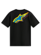 Alpinestars Angler CSF Tee, t-shirt à manches courtes, noir, vue de dos avec logo Astars multicolore, remplissage perforé bleu et inscription « Racing Ahead », style streetwear décontracté