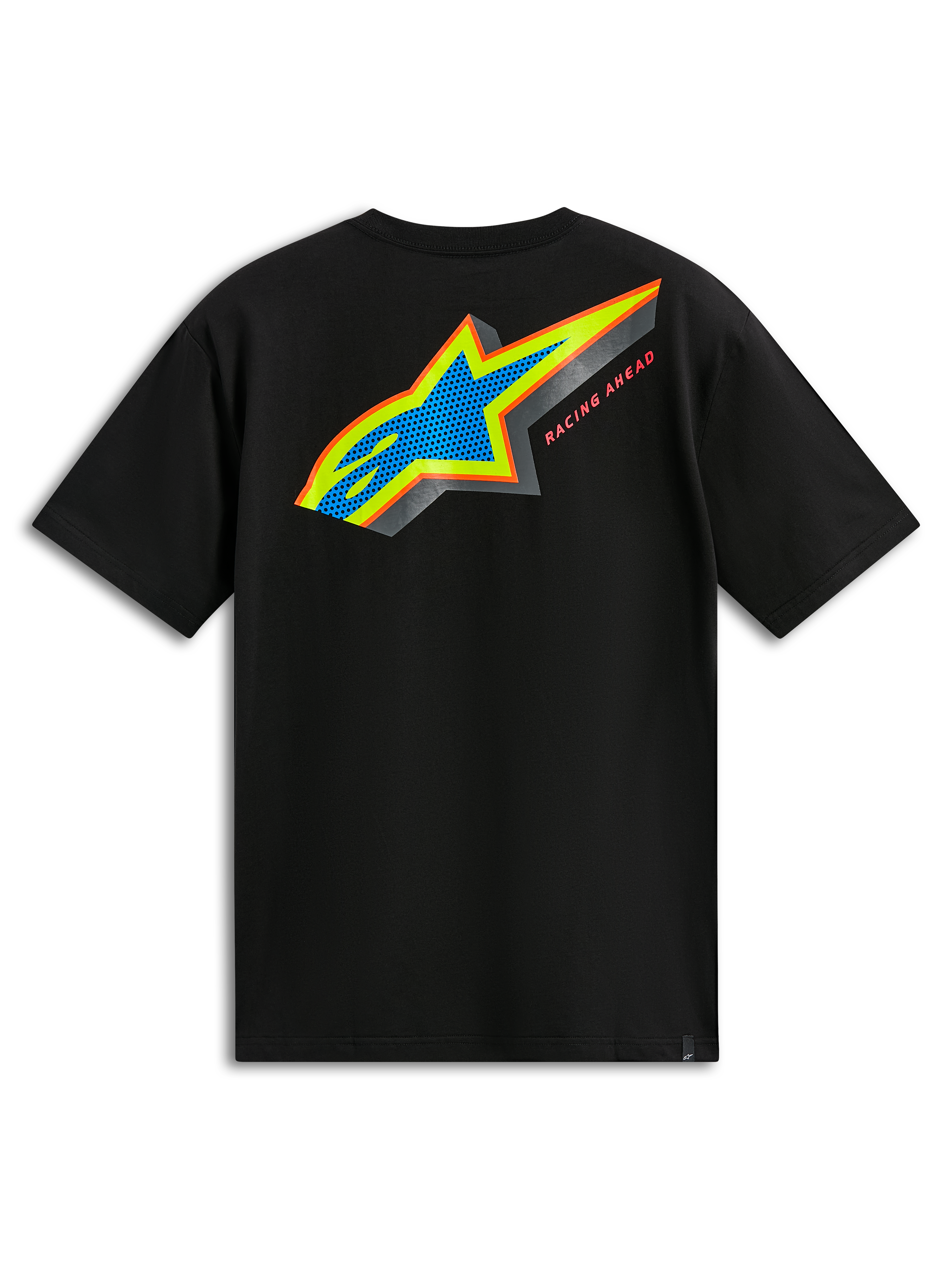 Alpinestars Angler CSF Tee, t-shirt à manches courtes, noir, vue de dos avec logo Astars multicolore, remplissage perforé bleu et inscription « Racing Ahead », style streetwear décontracté
