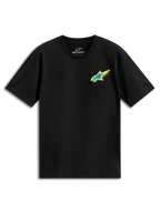 T-shirt Alpinestars Angler CSF, t-shirt à manches courtes, noir, logo Astars multicolore éclatant avec étoile bleue et bordure jaune sur la poitrine, style sportswear décontracté