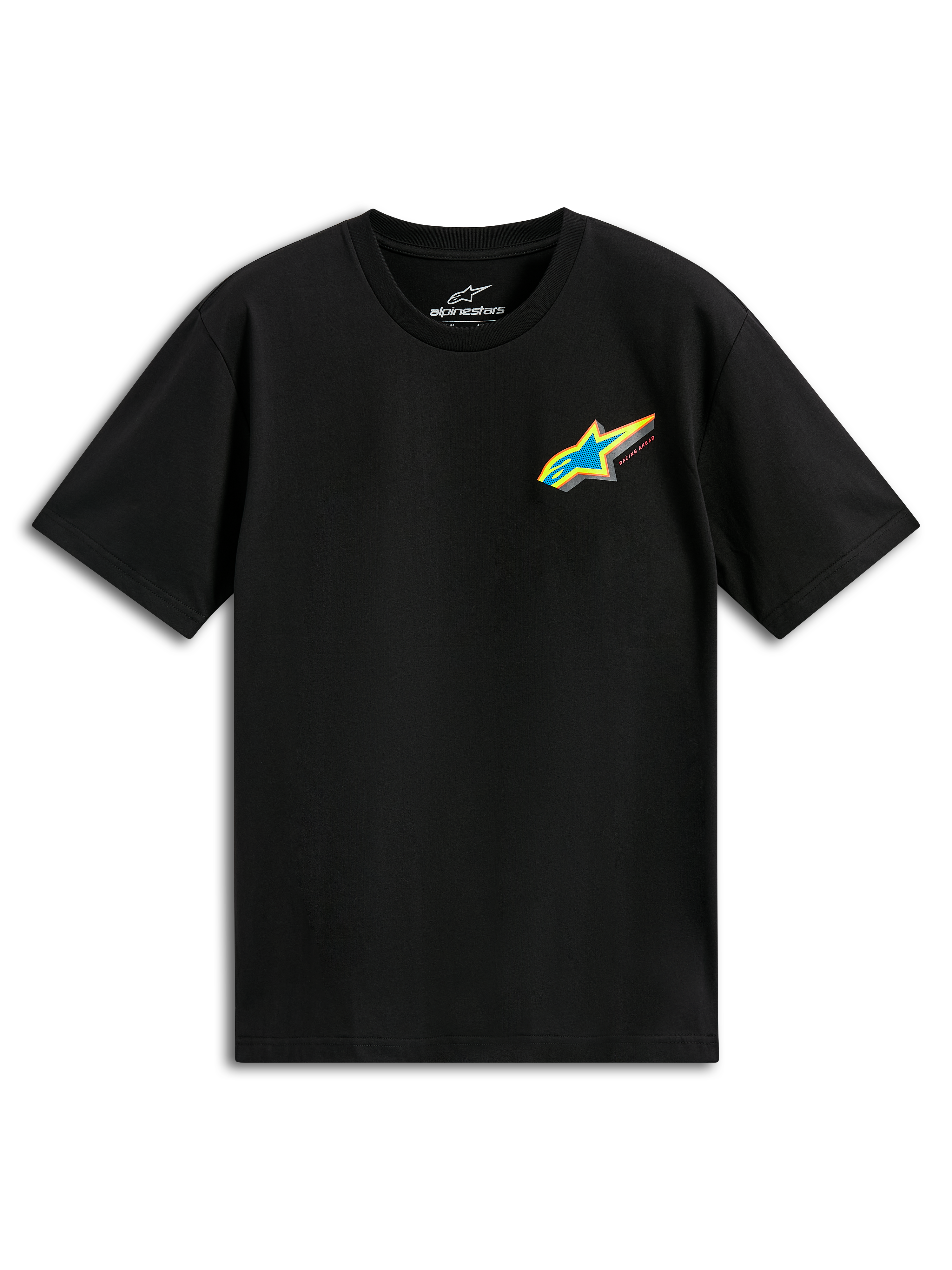 T-shirt Alpinestars Angler CSF, t-shirt à manches courtes, noir, logo Astars multicolore éclatant avec étoile bleue et bordure jaune sur la poitrine, style sportswear décontracté