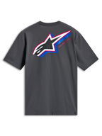 Alpinestars Angler CSF Tee, T-shirt à manches courtes, gris anthracite, vue de dos présentant un grand logo Astars multicolore avec remplissage perforé, des accents bleus et roses et le texte « Racing Ahead », streetwear décontracté de sport automobile