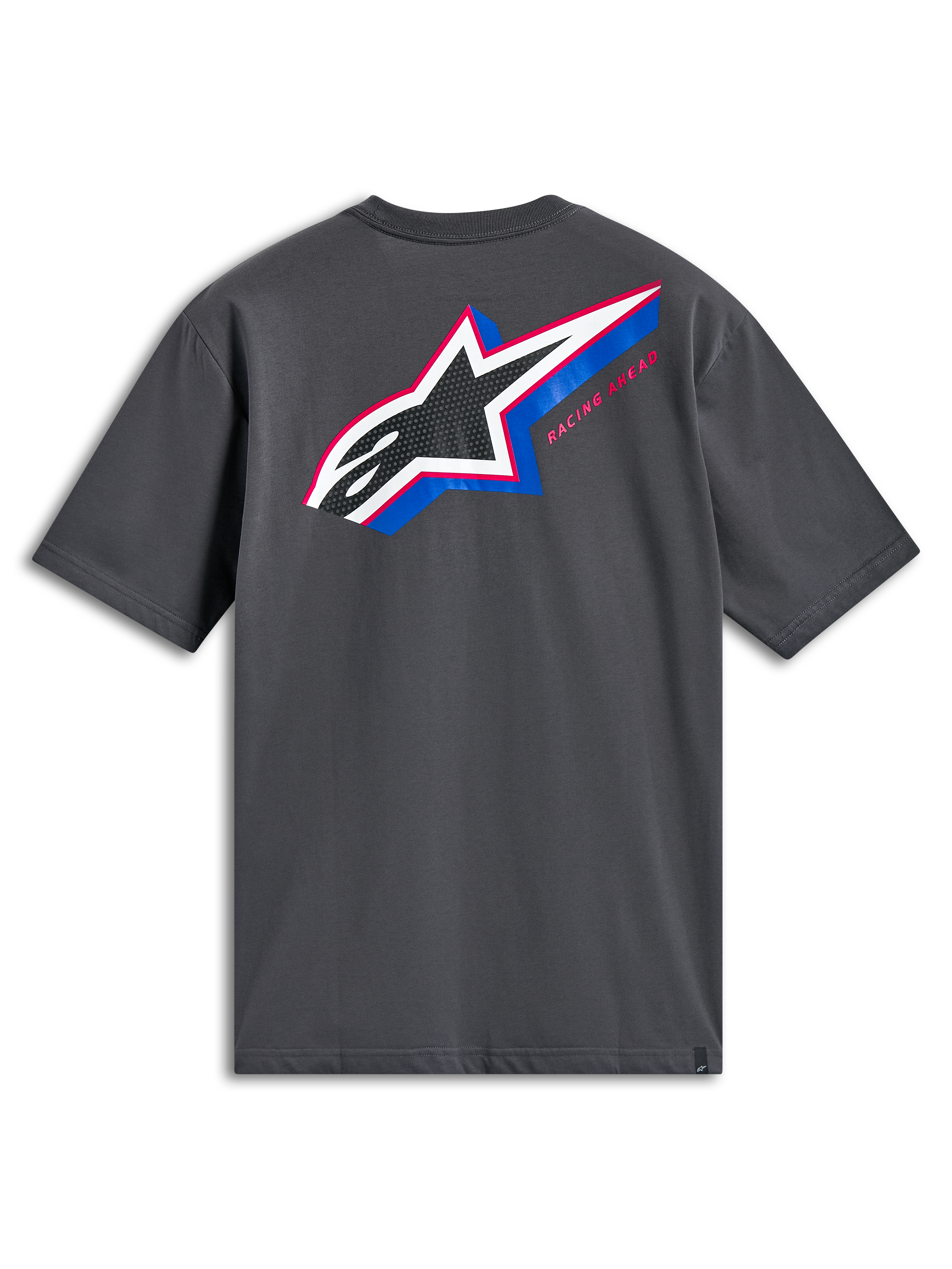 Alpinestars Angler CSF Tee, T-shirt à manches courtes, gris anthracite, vue de dos présentant un grand logo Astars multicolore avec remplissage perforé, des accents bleus et roses et le texte « Racing Ahead », streetwear décontracté de sport automobile