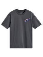 T-shirt Alpinestars Angler CSF, t-shirt à manches courtes, gris anthracite, logo Astars multicolore sur la poitrine gauche avec accents rouges et bleus, sportswear décontracté