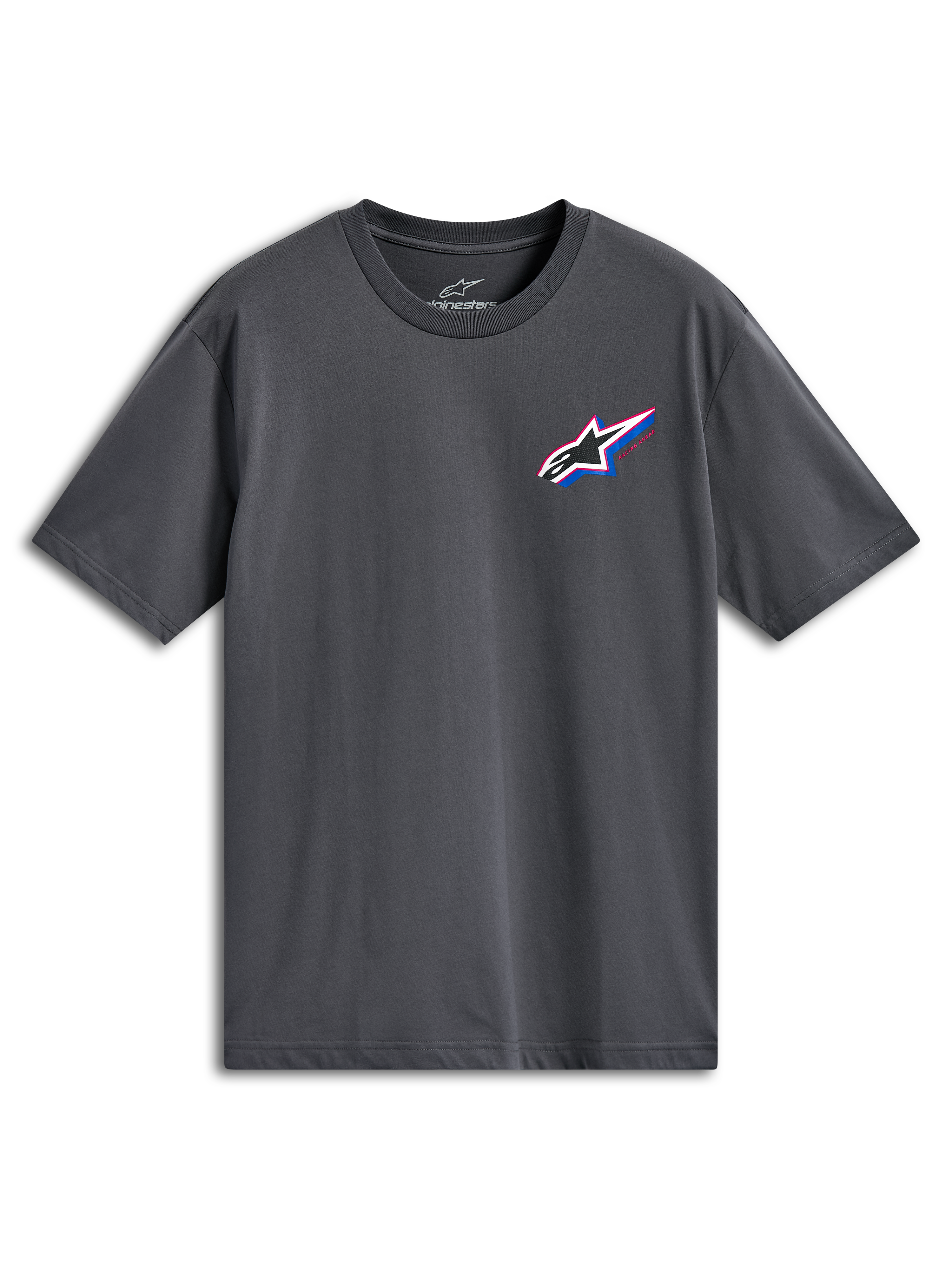 T-shirt Alpinestars Angler CSF, t-shirt à manches courtes, gris anthracite, logo Astars multicolore sur la poitrine gauche avec accents rouges et bleus, sportswear décontracté
