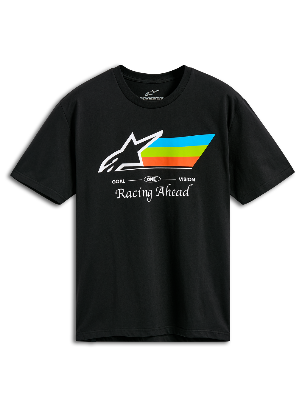 T-shirt Alpinestars Trifecta CSF, t-shirt à manches courtes, noir, avec logo Astars blanc et rayures cyan, vertes et orange, inscription « Racing Ahead », vêtement sportswear motorsport décontracté