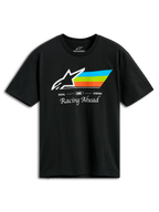 T-shirt Alpinestars Trifecta CSF, t-shirt à manches courtes, noir, avec logo Astars blanc et rayures cyan, vertes et orange, inscription « Racing Ahead », vêtement sportswear motorsport décontracté