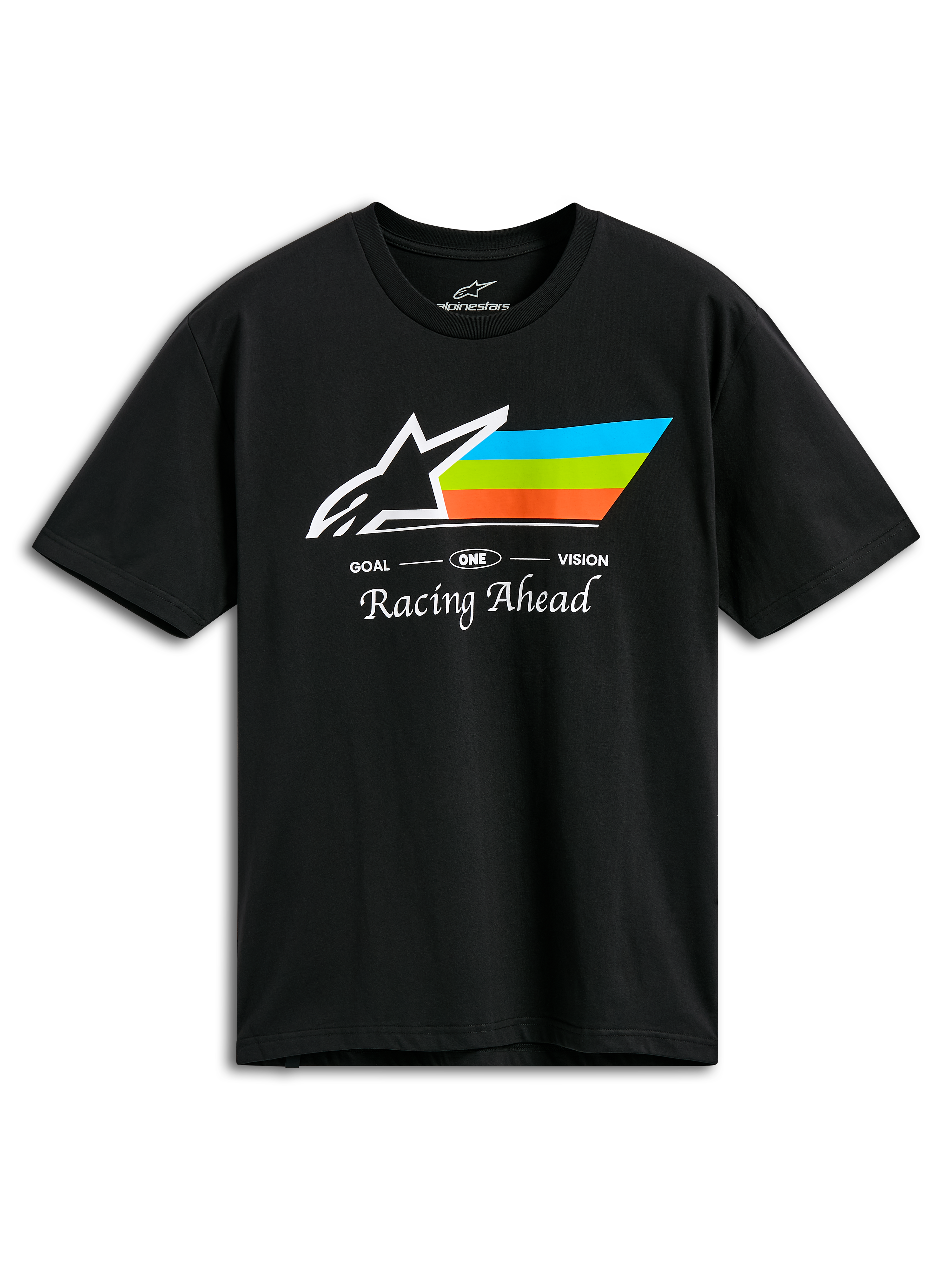 T-shirt Alpinestars Trifecta CSF, t-shirt à manches courtes, noir, avec logo Astars blanc et rayures cyan, vertes et orange, inscription « Racing Ahead », vêtement sportswear motorsport décontracté