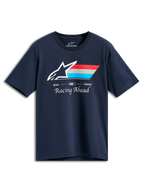 T-shirt Alpinestars Trifecta CSF, t-shirt à manches courtes, bleu marine, logo Astars blanc avec rayures rouges, grises et cyan, texte « GOAL ONE VISION » et « Racing Ahead », vêtement décontracté de style motorsport