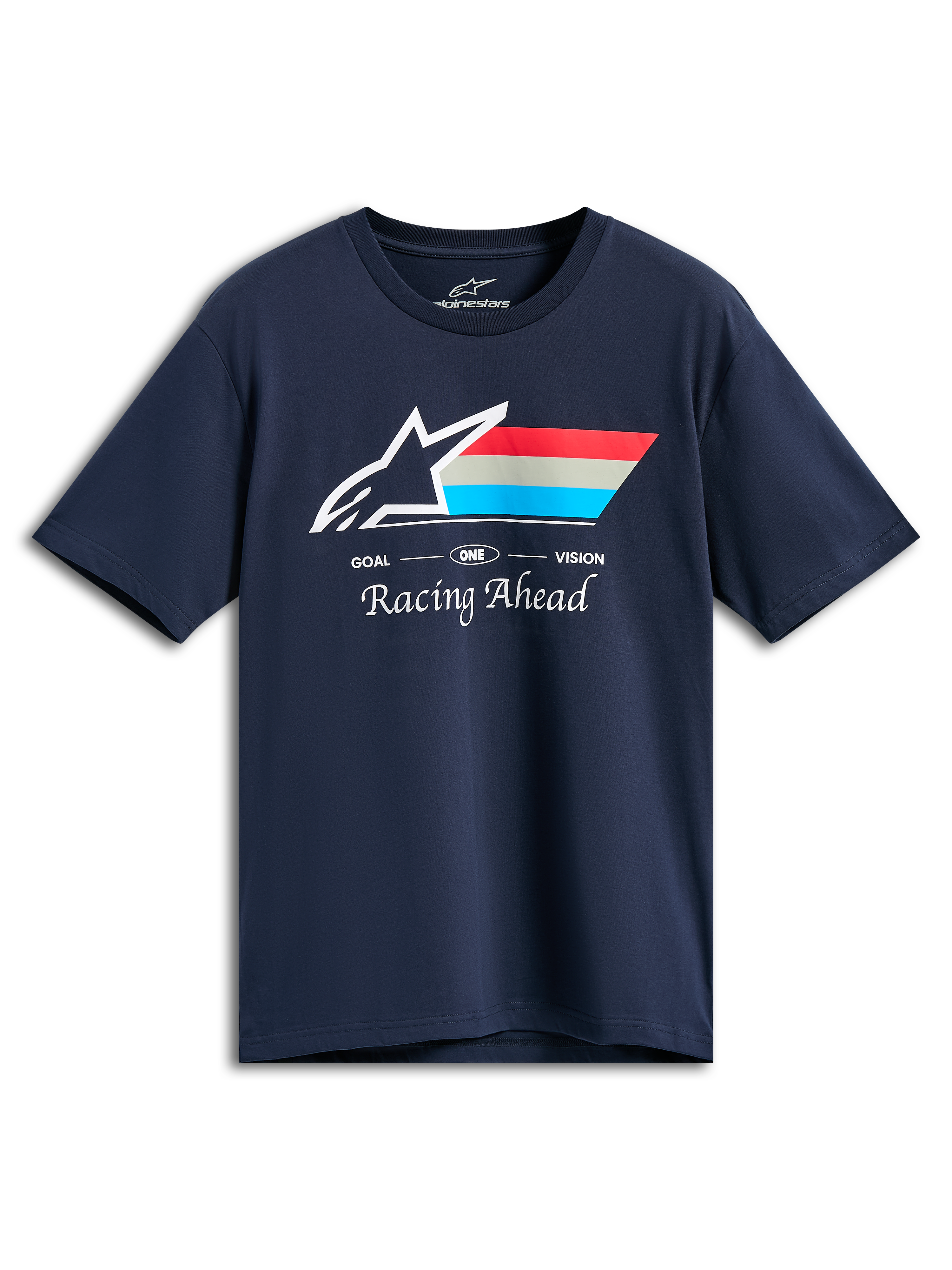 T-shirt Alpinestars Trifecta CSF, t-shirt à manches courtes, bleu marine, logo Astars blanc avec rayures rouges, grises et cyan, texte « GOAL ONE VISION » et « Racing Ahead », vêtement décontracté de style motorsport