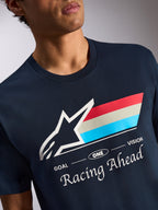 Alpinestars Trifecta CSF Tee, t-shirt à manches courtes, bleu marine, logo Astars blanc avec rayures tricolores et texte Racing Ahead, vêtement de sport décontracté