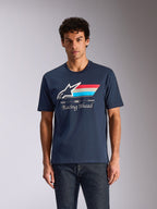 Alpinestars Trifecta CSF Tee, t-shirt à manches courtes, bleu marine, logo Astars blanc avec rayures tricolores rouge, blanc et bleu, graphisme « Racing Ahead », streetwear décontracté motorsport