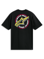 T-shirt Alpinestars Aorbit CSF, t-shirt à manches courtes, noir, grand graphique circulaire au dos avec le texte Always Fast Made to Last et logo A-star jaune, vêtement streetwear décontracté inspiré du sport automobile