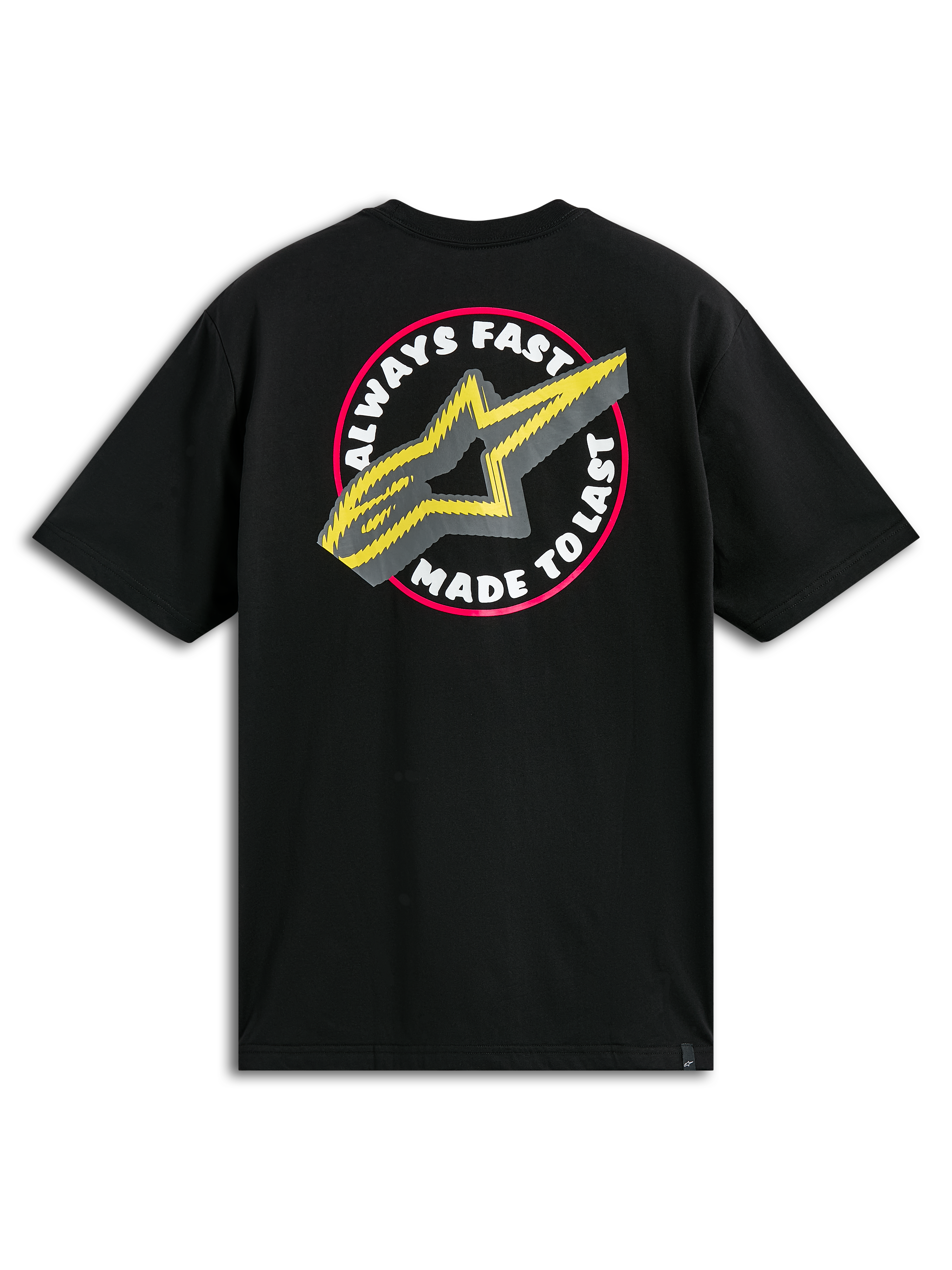T-shirt Alpinestars Aorbit CSF, t-shirt à manches courtes, noir, grand graphique circulaire au dos avec le texte Always Fast Made to Last et logo A-star jaune, vêtement streetwear décontracté inspiré du sport automobile