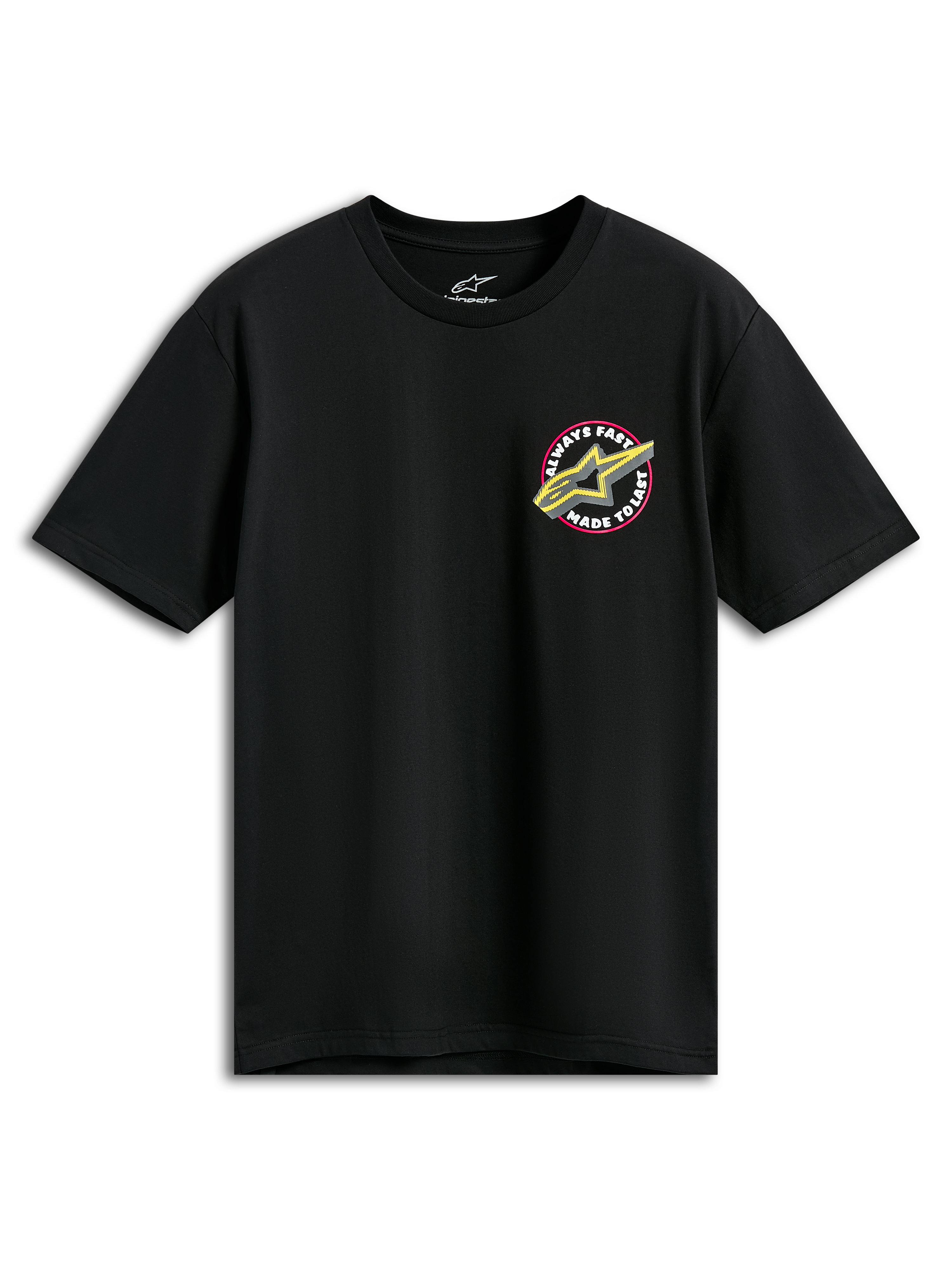 Alpinestars Aorbit CSF Tee, t-shirt à manches courtes, noir, logo Astars rose et jaune avec graphique Always Fast Made to Last, sportswear motorsport décontracté