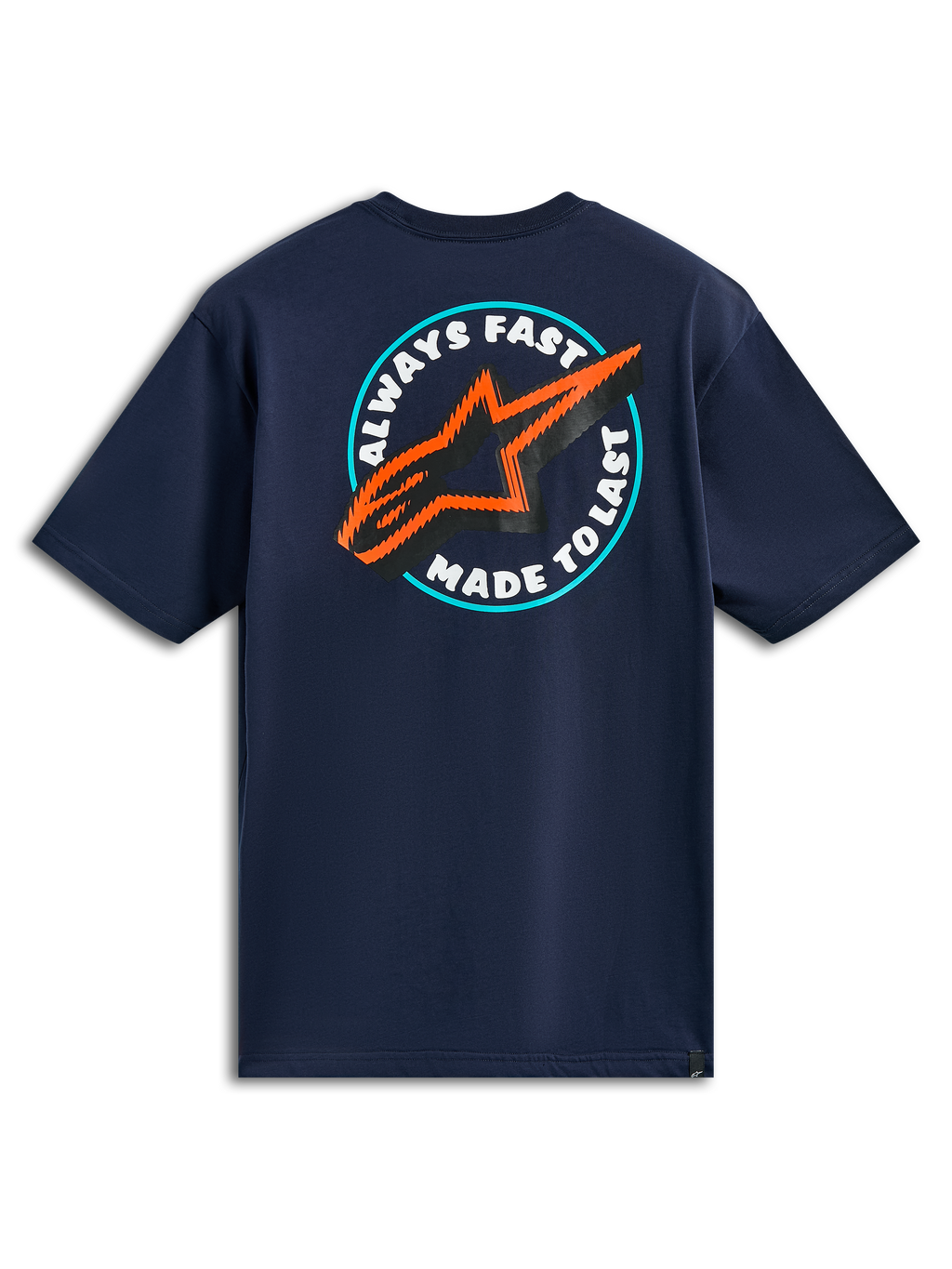 T-shirt Alpinestars Aorbit CSF, t-shirt à manches courtes, bleu marine, vue de dos présentant le graphique circulaire Always Fast Made to Last avec logo étoile orange et noir, streetwear décontracté style motorsport