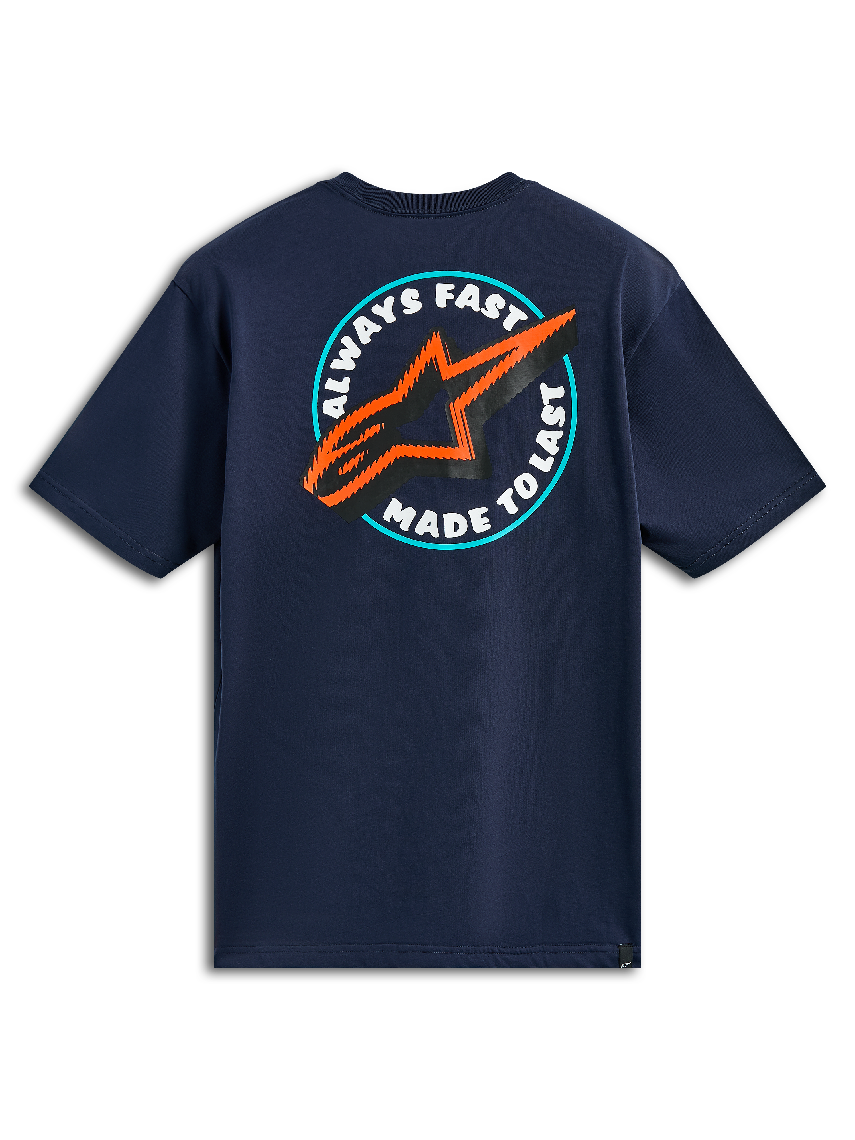 T-shirt Alpinestars Aorbit CSF, t-shirt à manches courtes, bleu marine, vue de dos présentant le graphique circulaire Always Fast Made to Last avec logo étoile orange et noir, streetwear décontracté style motorsport