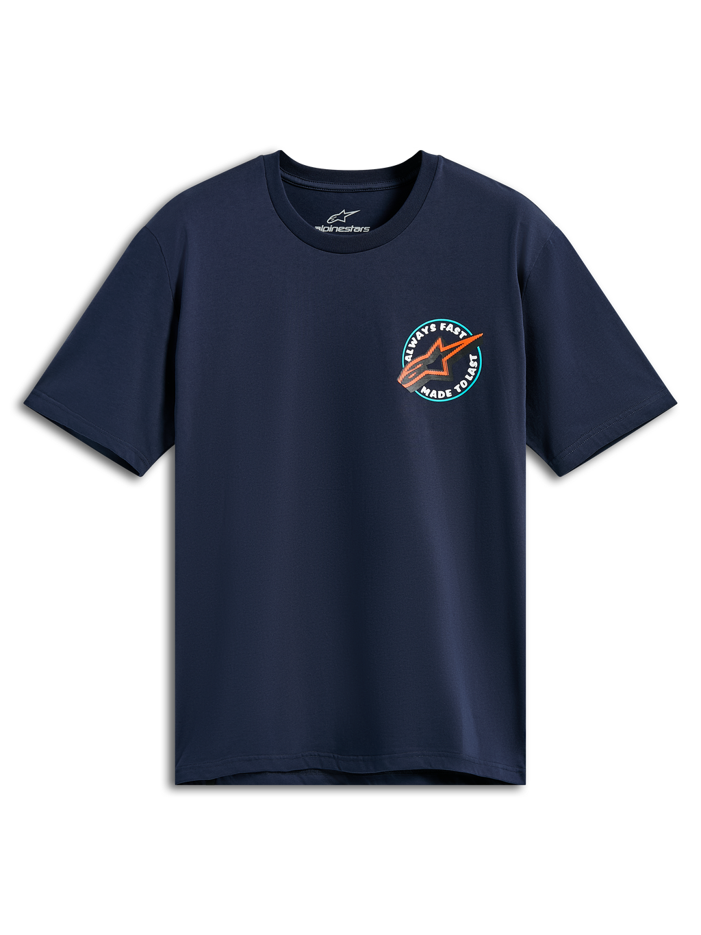 Alpinestars Aorbit CSF Tee, t-shirt à manches courtes, bleu marine, graphique circulaire sur la poitrine avec logo Astars orange et texte Always Fast Made to Last, vêtement de sport automobile décontracté