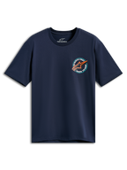 Alpinestars Aorbit CSF Tee, t-shirt à manches courtes, bleu marine, graphique circulaire sur la poitrine avec logo Astars orange et texte Always Fast Made to Last, vêtement de sport automobile décontracté