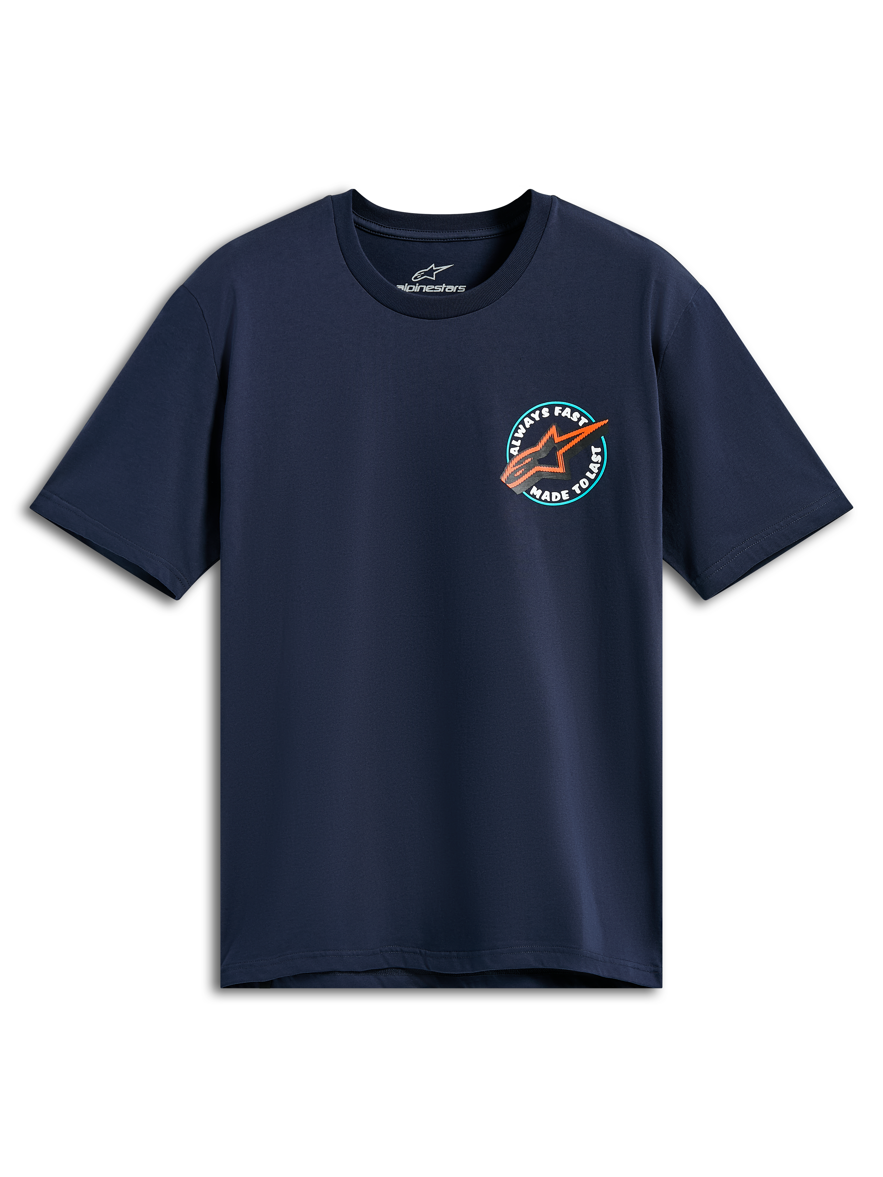 Alpinestars Aorbit CSF Tee, t-shirt à manches courtes, bleu marine, graphique circulaire sur la poitrine avec logo Astars orange et texte Always Fast Made to Last, vêtement de sport automobile décontracté