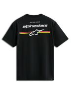 T-shirt Alpinestars Lanes CSF, t-shirt à manches courtes, noir, logos Alpinestars et Astars blancs avec rayures horizontales orange et jaunes au dos, vêtement streetwear de sport motorisé décontracté
